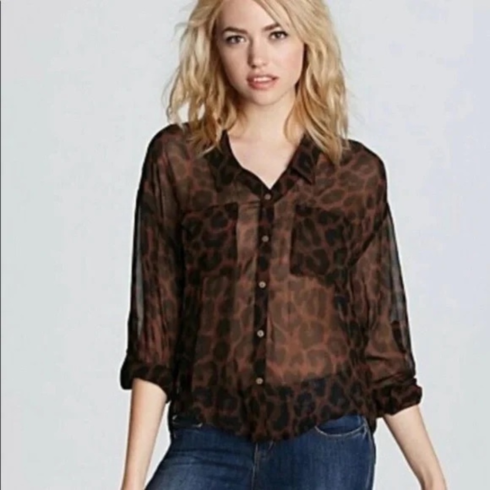 Free People Easy Rider Sheer Animal Print High-Low Button Down Blouse